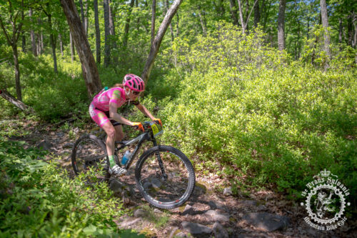 Defending champion Vicki Barclay (Stan’s NoTubes Elite Women’s Team) on her way to a second solo stage win in a row during day 2 of the NoTubes Trans-Sylvania Epic. Barclay, a State College local, knows and loves most of the trails in this year’s race. 