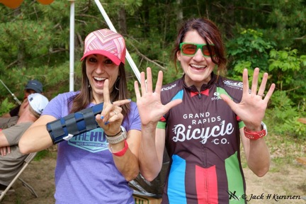 Sonya Looney with injured wrist goofs around with Lumberjack veteran Danielle Musto. Photo by Jack Kunnen