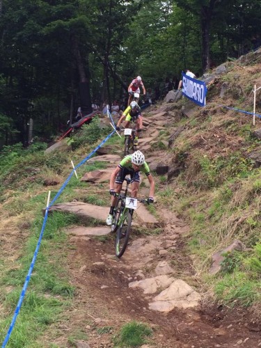 Alex leads a group down the Beatrice descent at the world cup in Mount St. Anne