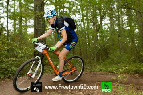 Riders enjoy the singletrack at Freetown 50. Photo by Deb Levesque