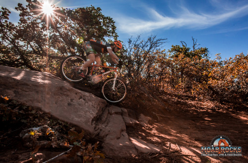 Skills play a huge part in every mountain bike race. Here a rider is tested at the 2015 Moab Rocks stage race. Photo by: Raven Eye Photo