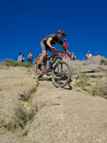 Wes Rasmussen riding for the winning Pivot Burrito Factory 5-person coed team hits the rock drop on his final lap. Photo by: Shannon Boffeli