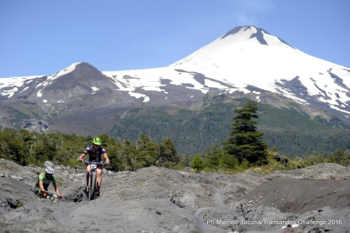 Kaysee Armstrong crosses the lava flow below the Villarica Volcano. Photo by: Marcelo Tucuna/TransAndes Challenge 2016