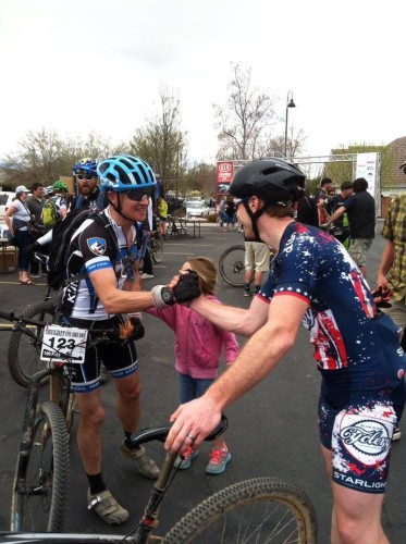 Corey Larrabee and Gordon Wadsworth congratulate each other at the finish. Photo by Ryan O'Dell