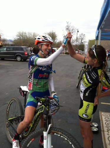 Jen Hanks and Karen Jarchow celebrate after the finish. Photo by Ryan O'Dell