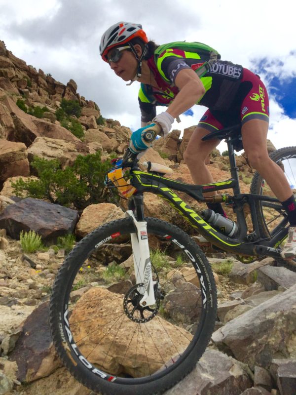 Jen Hanks (Pivot/DNA Cycling) stays focused in the rocks. Photo by Shannon Boffeli