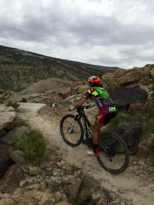 Jen Hanks (Pivot/DNA Cycling) gets busy in Andy's Loop. Photo by Shannon Boffeli