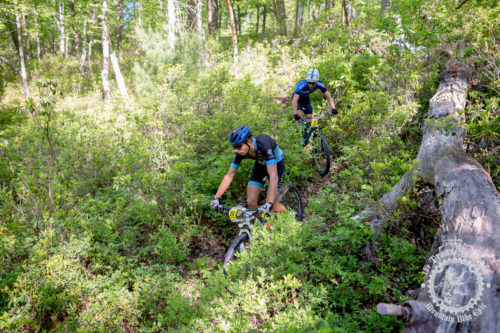 Kerry Werner (Rally Cycling) leads Justin Lindine (APEX / NBX / Trek) through a tight section of singletrack early in the second stage of the NoTubes Trans-Sylvania Epic. The two top elite men’s riders would stay together for the duration of the stage - neither was able to shake the other. 